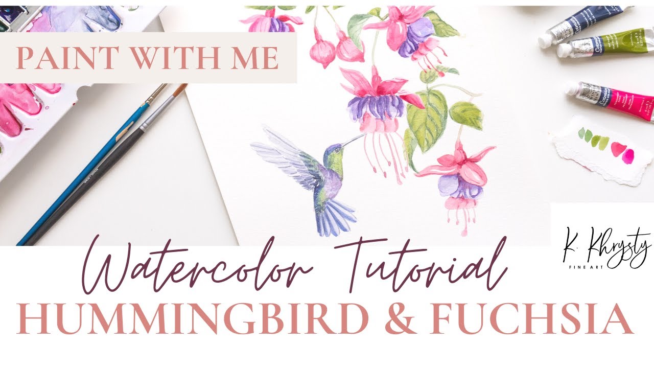 Watercolor Hummingbird & Fuchsia flower tutorial | Paint with me |