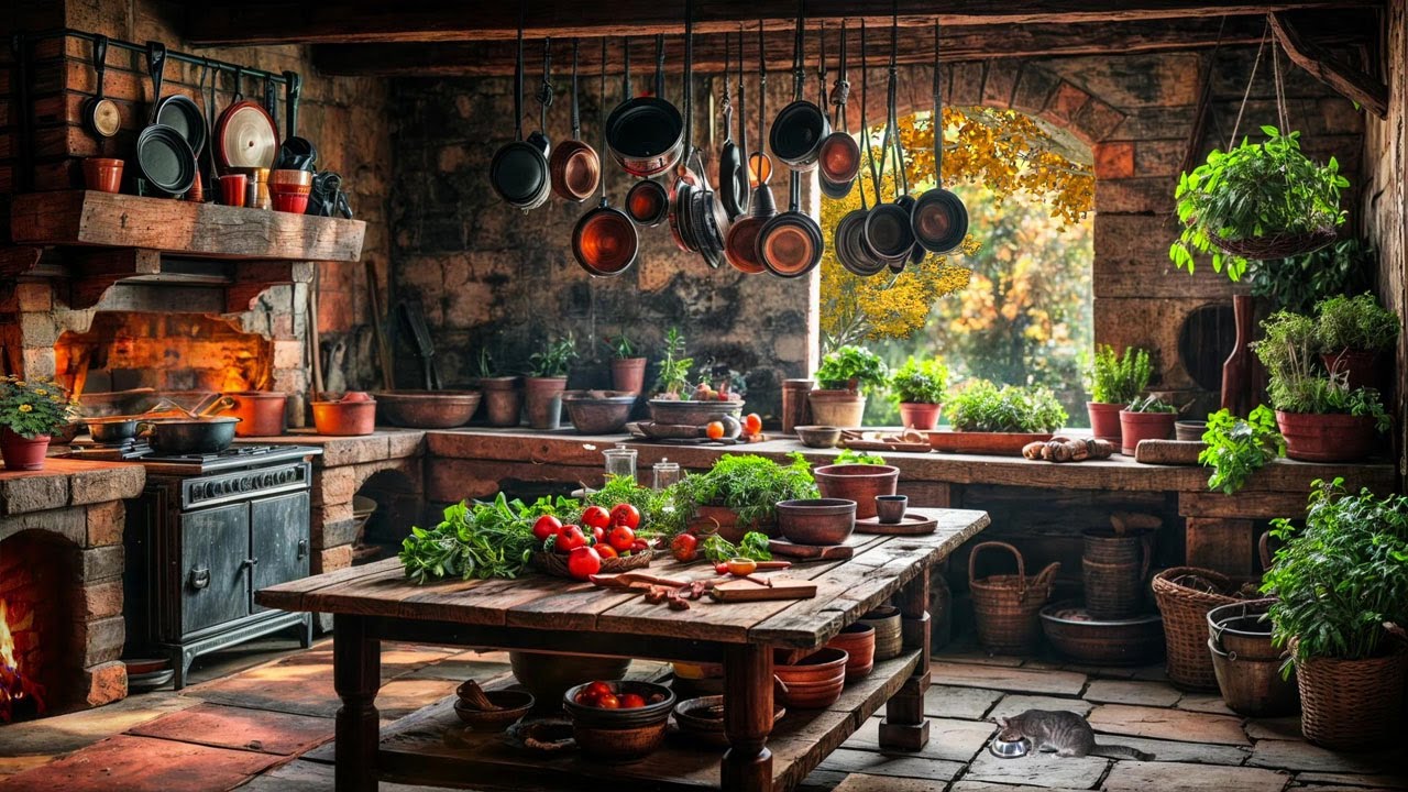 Rustic Stone Kitchen Ambience | Peaceful Cooking & Fireplace Sounds for Relaxation & Focus - No Ads