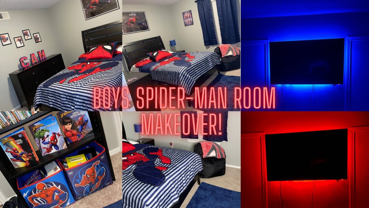 Boy Bedroom Makeover on Budget + LED Lights｜7 Year Old｜Spider-Man Marvel Theme