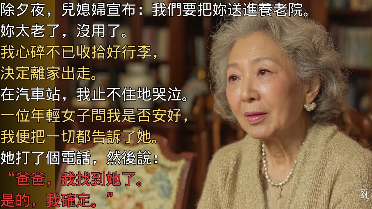 除夕夜，我兒媳婦說：“我們要把妳送進養老院。妳現在沒用了。” 所以我就……