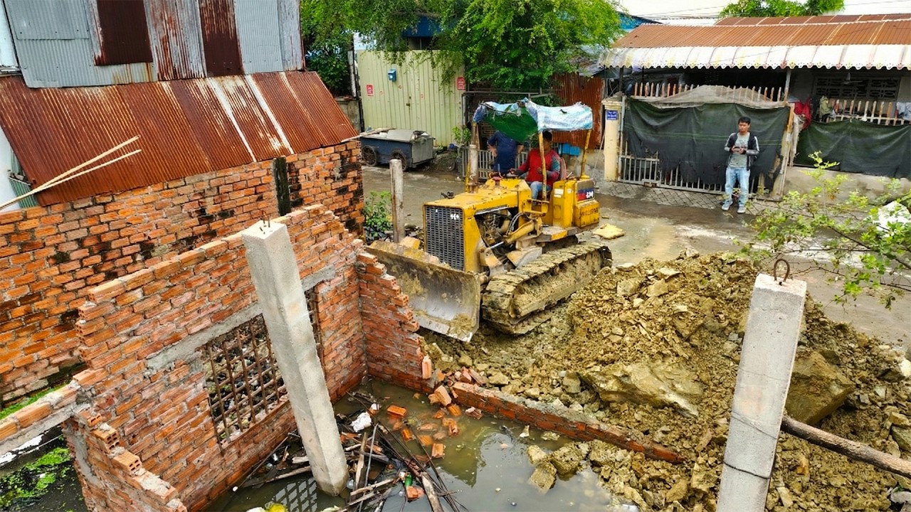 First Start Amazing Project! Delete Old Flooded House Using Dozer D20A Pushing Stone with 5Ton Truck