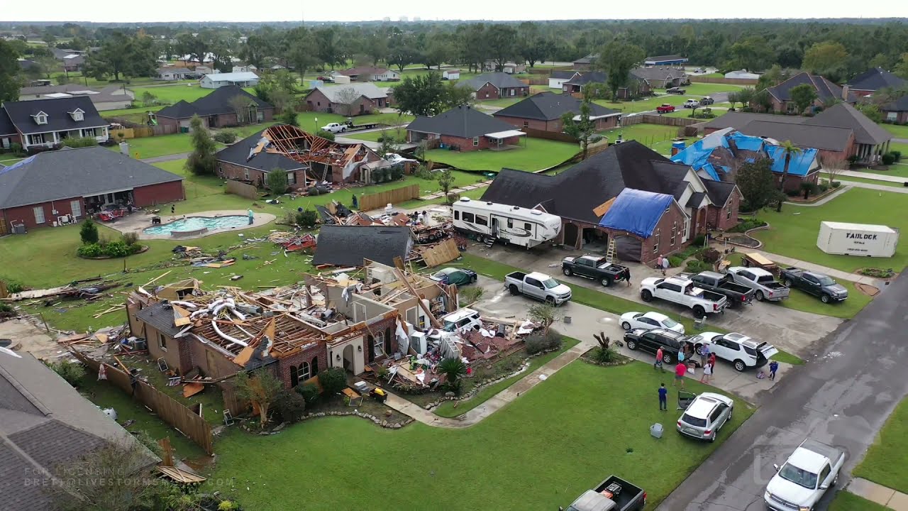 10-27-2021 Lake Charles, LA - Drone Tornado Aftermath - Brick Homes Severely Damaged - Cleanup Ops