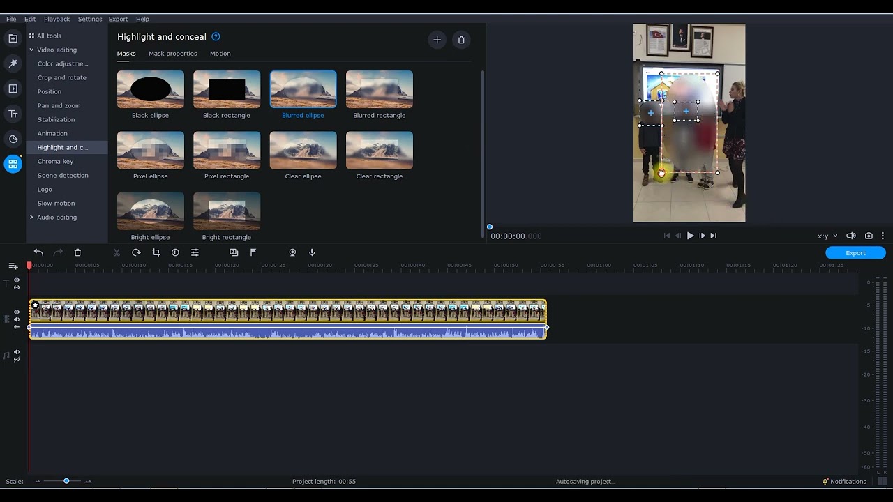 How can we blur faces in the video by Movavi?