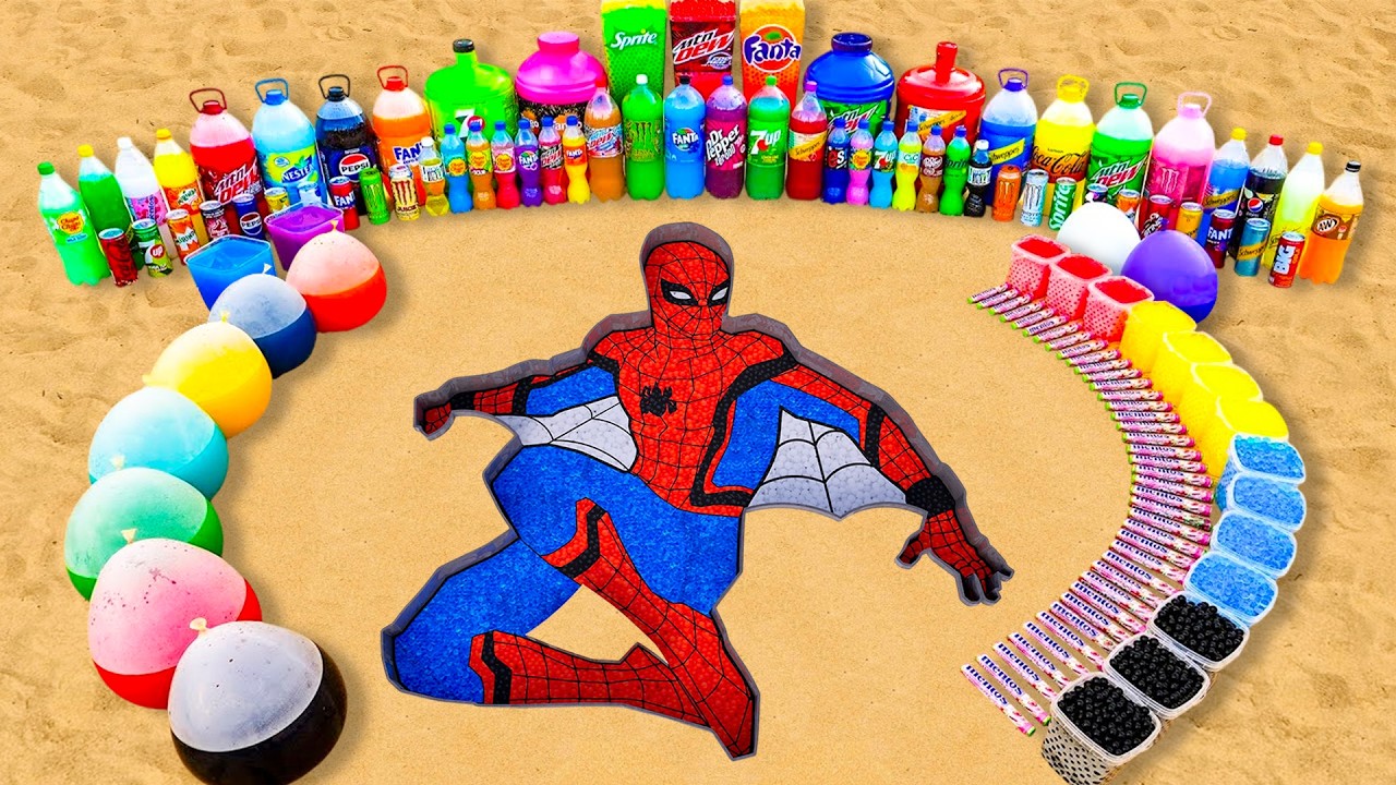 How to make Giant Spiderman Soda pit with Orbeez, Pepsi, Fanta & 7up, Mtn Dew, Coca Cola vs Mentos