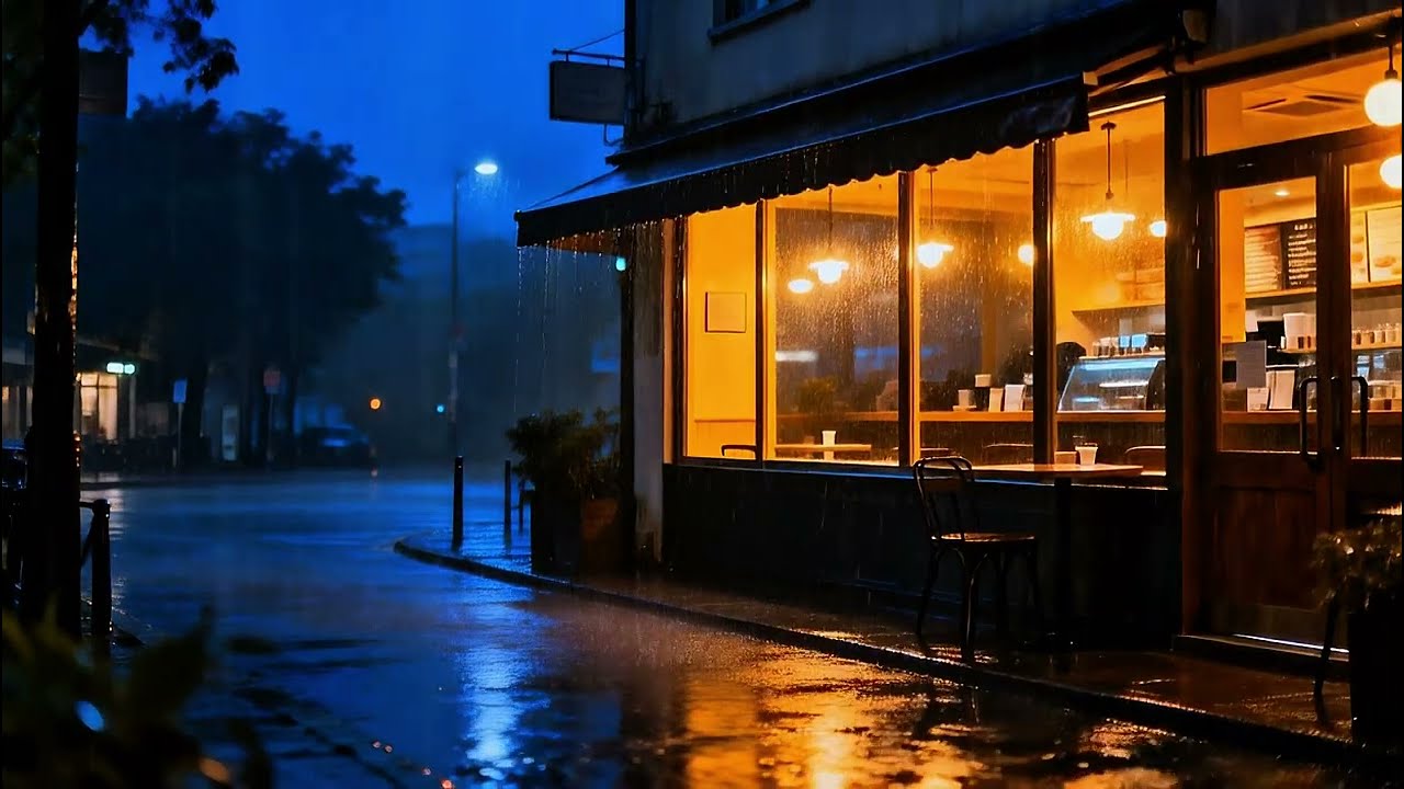 Rain Sounds on a Quiet Street at Night 🌧 (No Ads) | Cozy Café Ambience for Deep Sleep