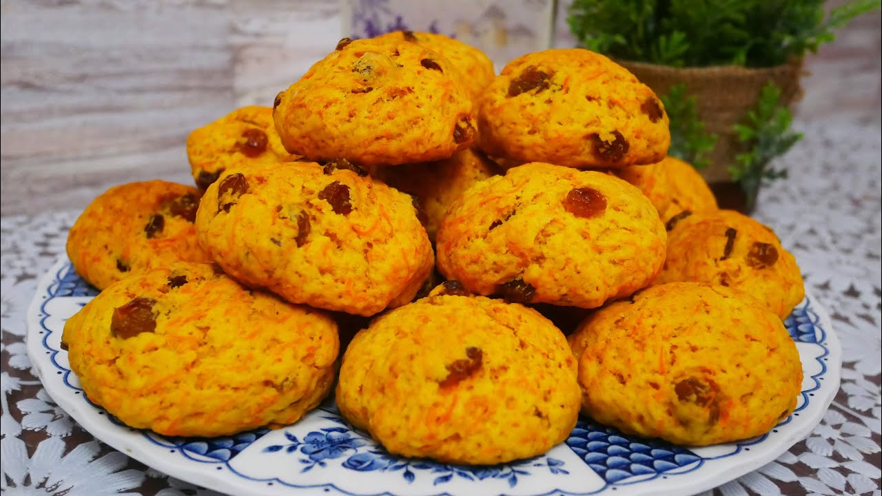 Постное морковное печенье с изюмом. БЕЗ ЯИЦ и БЕЗ МАСЛА. Печенье к чаю