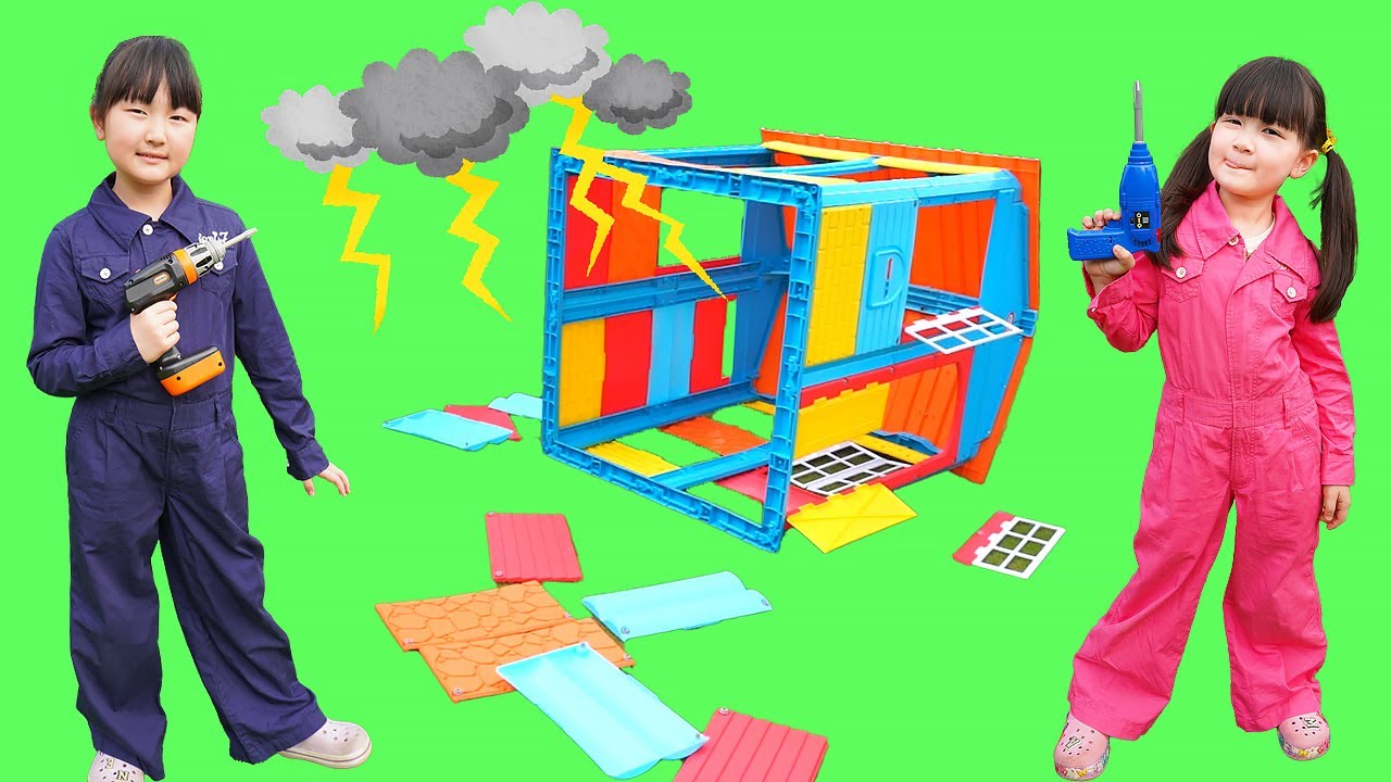 【寸劇】大雨で庭の小屋が壊れた！姉妹協力して直しましょう！ごっこ・おままごと - はねまりチャンネル