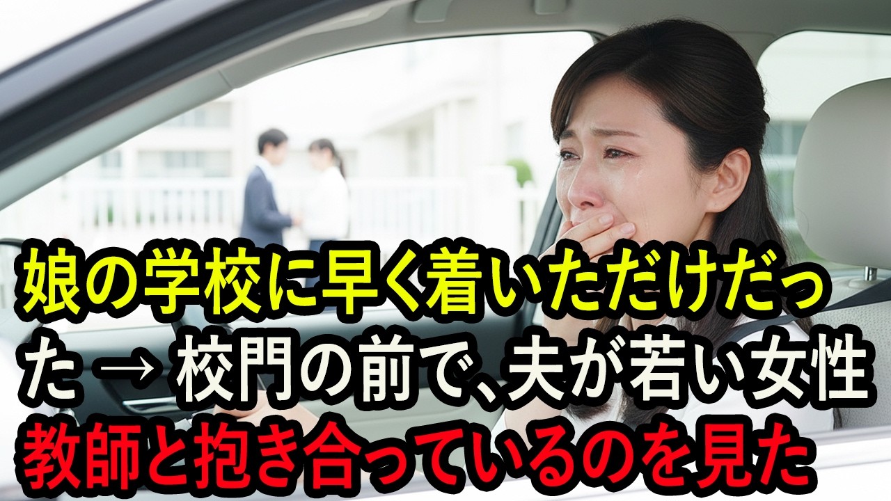 娘の学校に早く着いただけだった → 校門の前で、夫が若い女性教師と抱き合っているのを見た