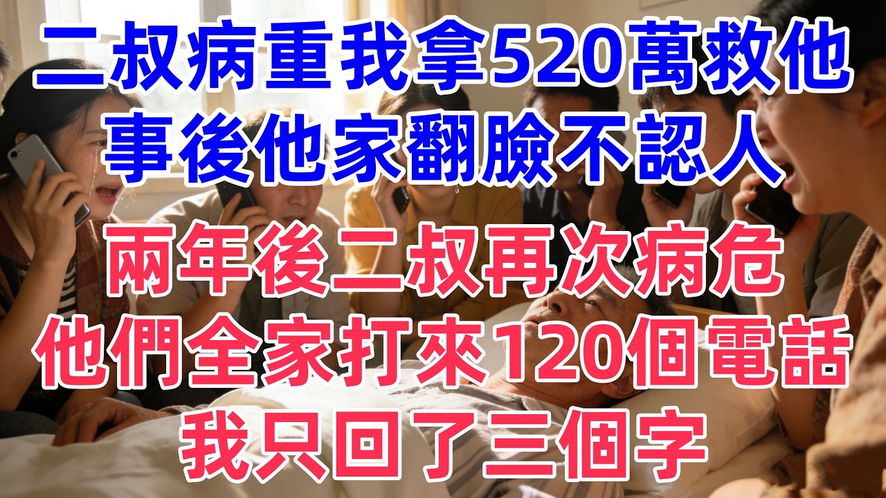 二叔病重我拿520萬救他，事後他家翻臉不認人。兩年後二叔再次病危，他們全家打來120個電話，我只回了三個字