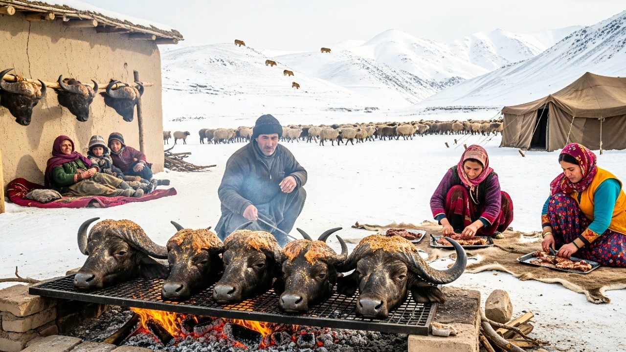 Afghanistan Winter Hunt | Massive Wild Buffalo Grilled on Hot Coals + Fresh Bread to Stay Alive