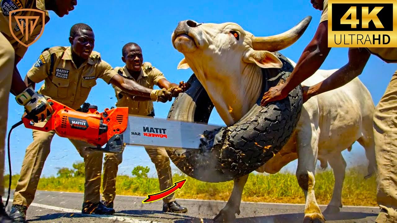 Cow Stuck in Huge Tire Saved by Real Life Heroes