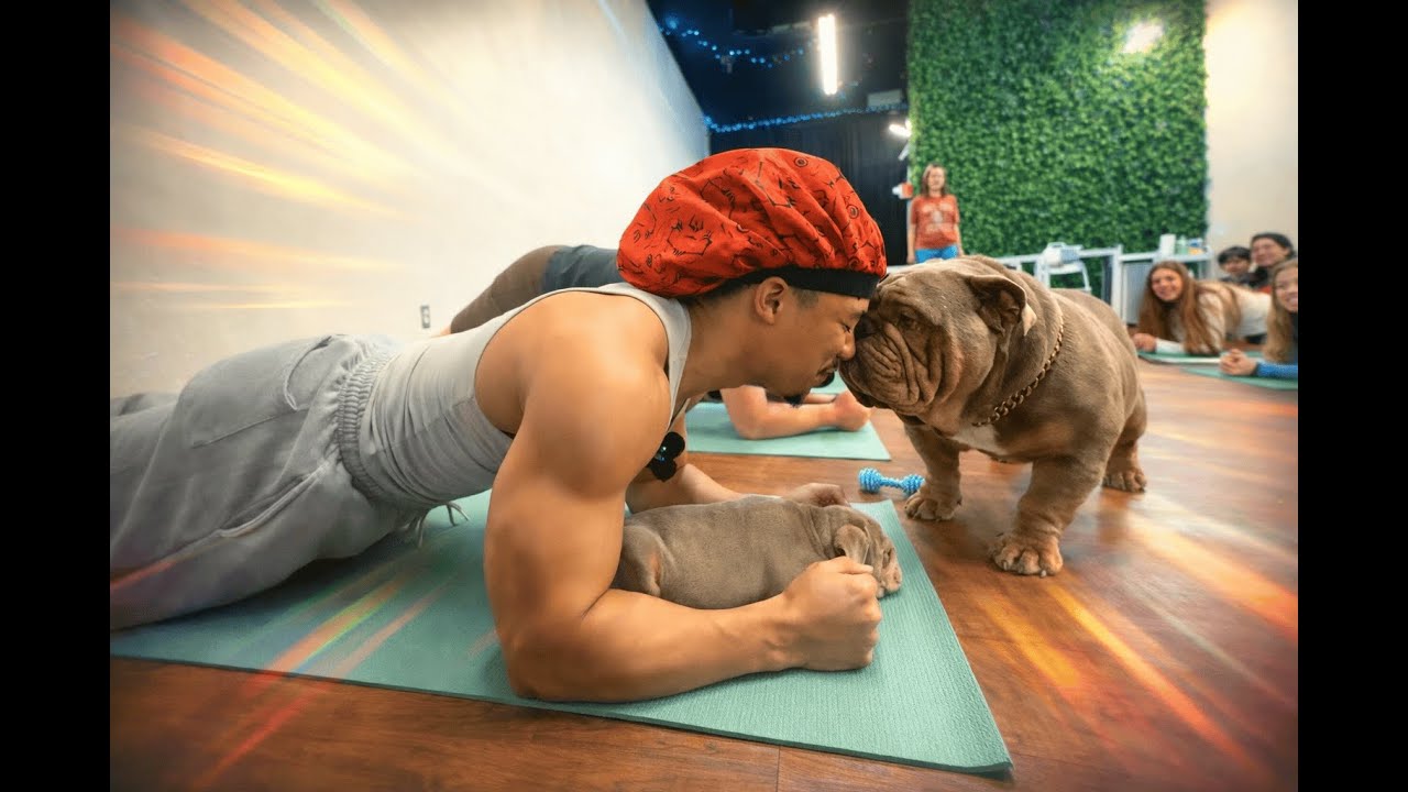 RA gets pressed at puppy yoga!