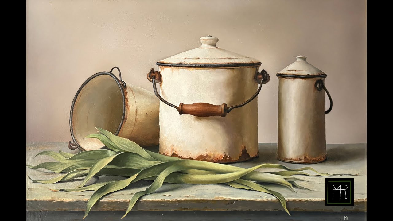 oil painting process pots and leek