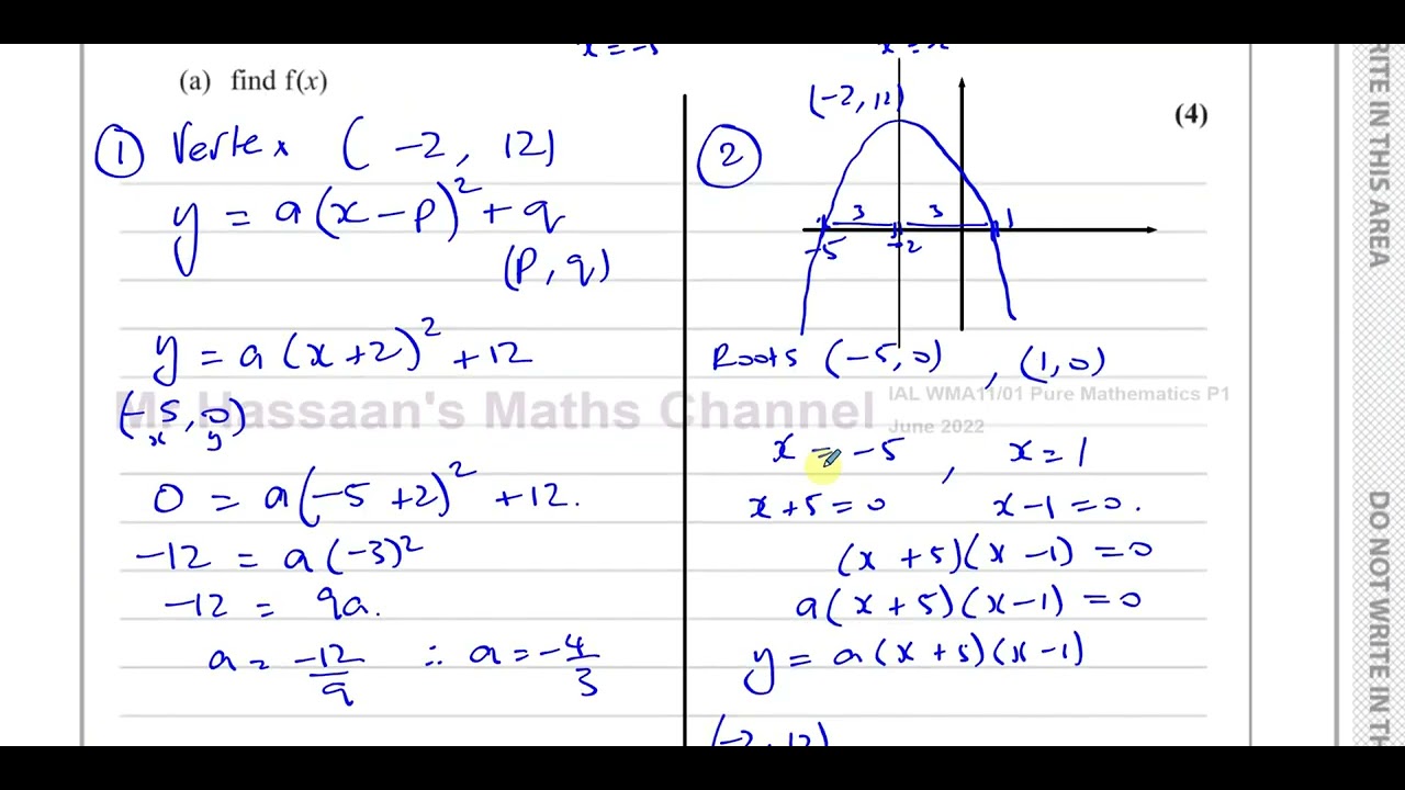 WMA11/01, (Edexcel) IAL P1 June 2022, Q5(a), Quadratics, Finding the Equation Given Points on Curve