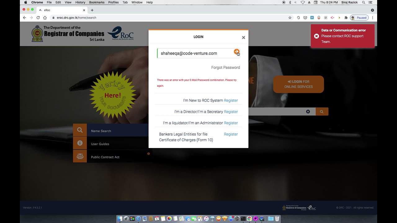 eroc login error
