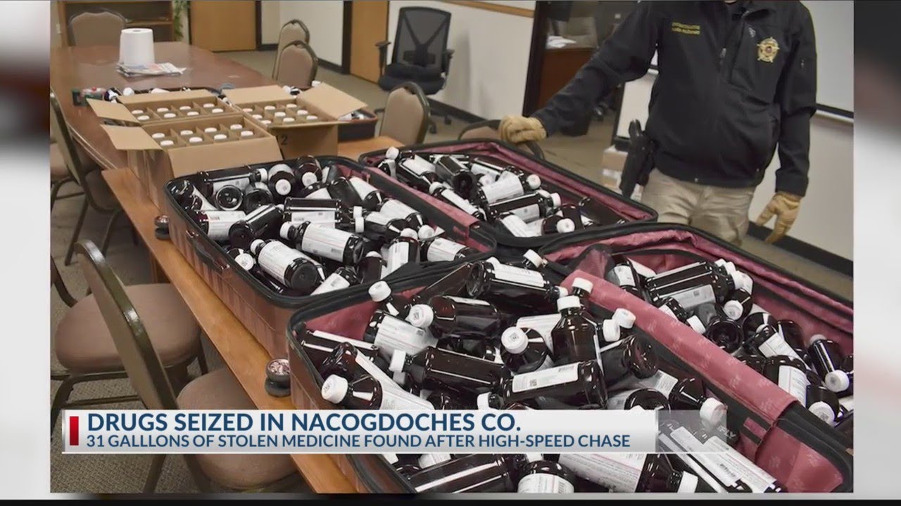 2 men arrested, 1 at large after 31 gallons of prescription medicine seized in East Texas