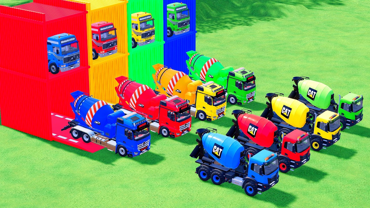 Garage with Colors - ALL MIXER TRUCK WITH DOUBLE FLATBED TRAILER TRUCK, SCANIA, MACK #106 - FS22
