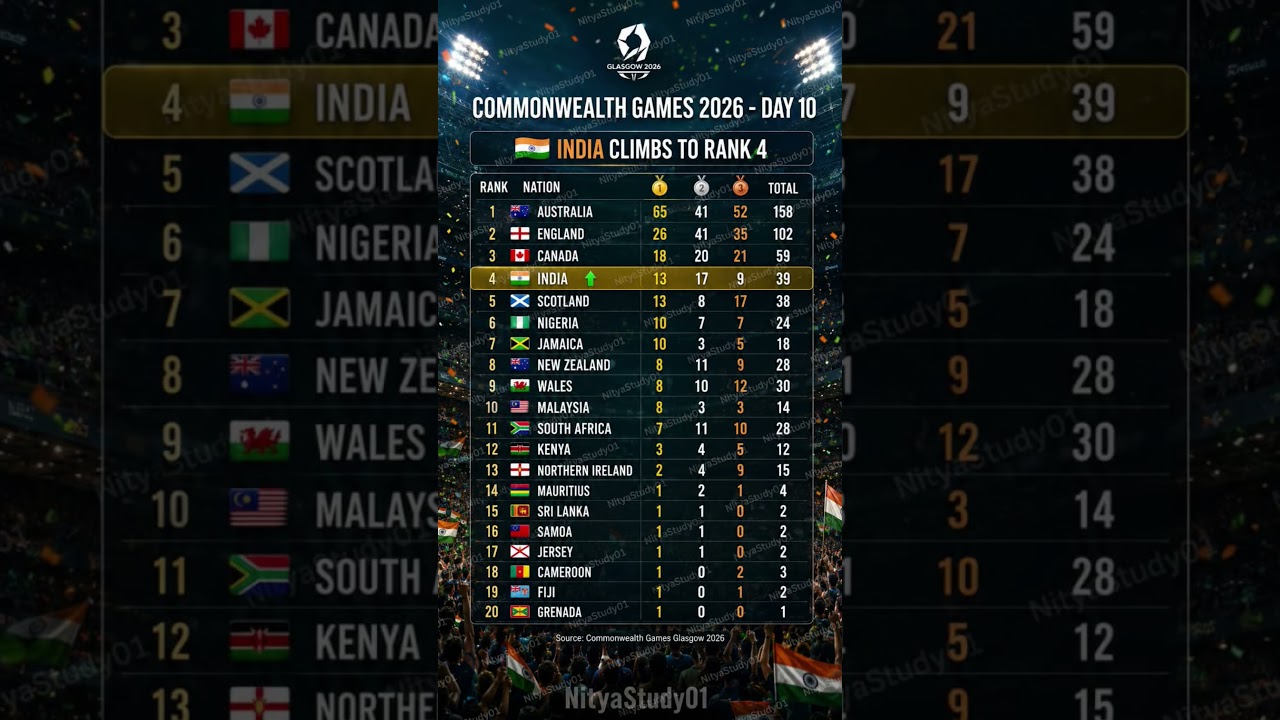 🇮🇳 Commonwealth Games 2026 Day 10 Medal Tally Update!#commonwealth #india