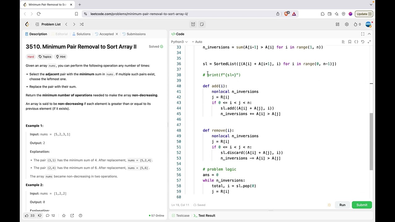 leetcode 3510  Minimum Pair Removal to Sort Array II | SortedList