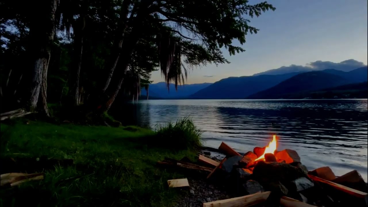 Soothing Lakeside Campfire at Night with Gentle Crackling Fire Ambience