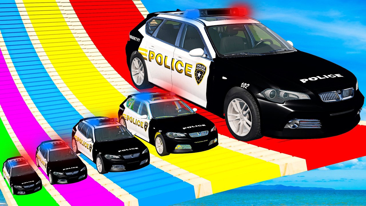 Giant & Small Police Car vs Portal Trap with Slide Colors &ndash; Cars vs Trains &ndash; BeamNG.Drive