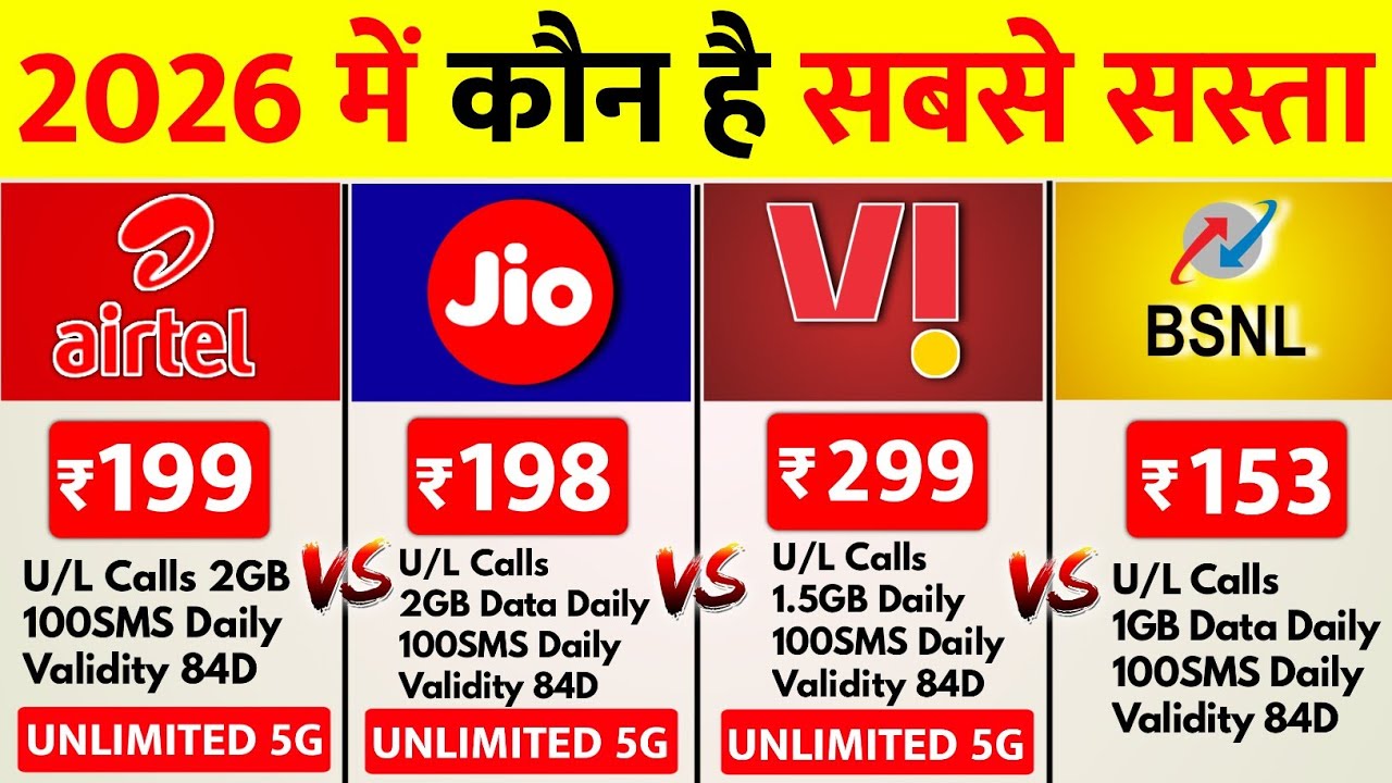 Jio vs Airtel Vi Bsnl Best Sim Card 2026 Unlimited 5G Data | New Recharge Plan | Sabse Sasta 5G Plan