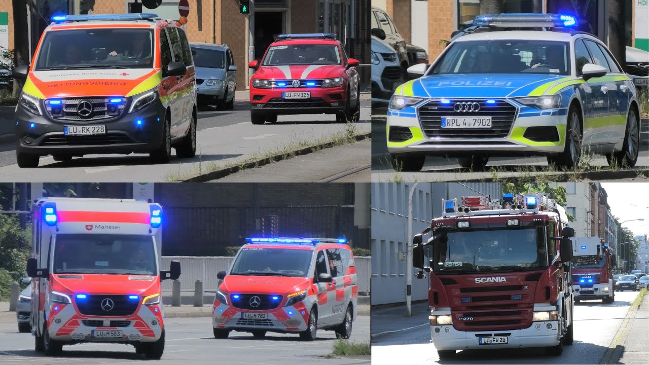 Feuerwehr, Rettungswagen, [Leitender] Notarzt und Polizei auf Einsatzfahrt in Ludwigshafen am Rhein!
