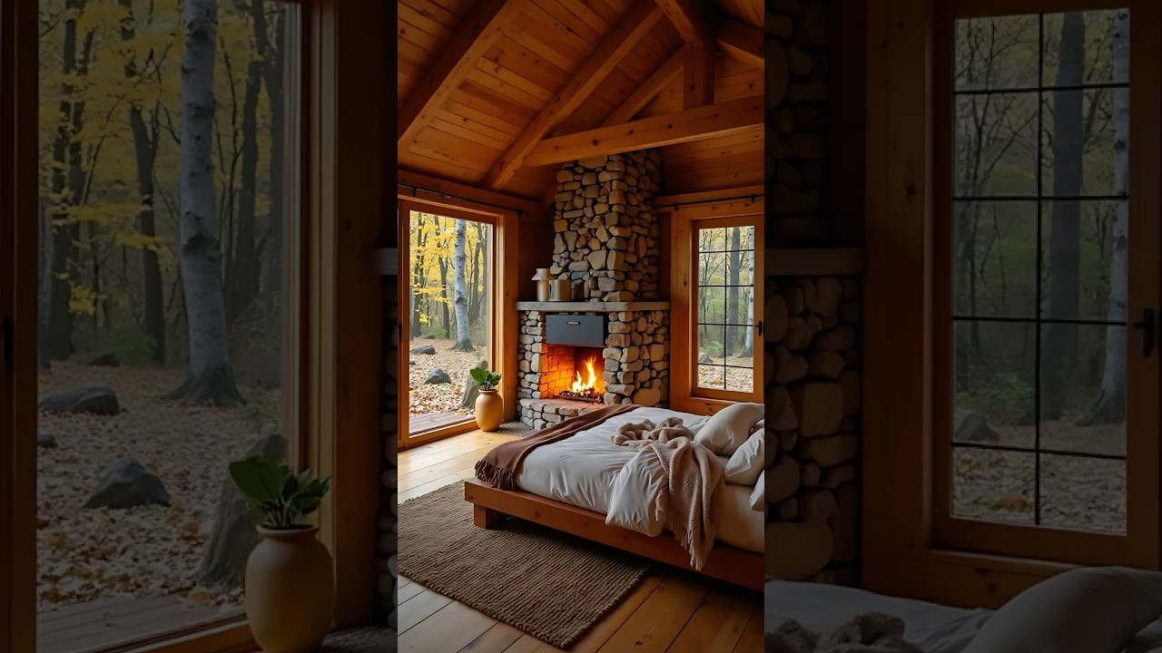 Golden Forest Hideaway | Cozy Autumn Cabin Bedroom with Fireplace 🍂🔥