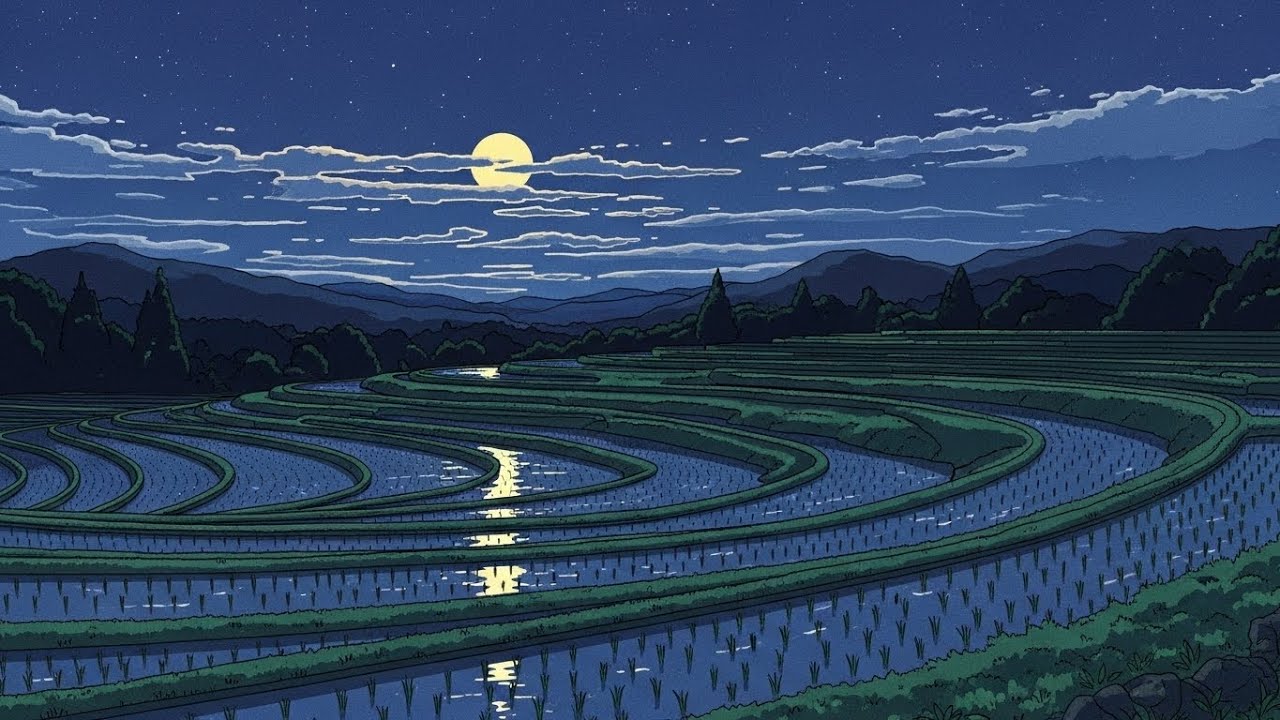 Chill Lofi Late-Night Serenity Rising From Peaceful Rice Terraces Under Cool Glowing Skies