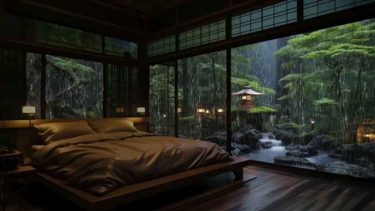 Deep Relaxation Sleep Music with Forest Rain Ambience and Soothing Piano at Night