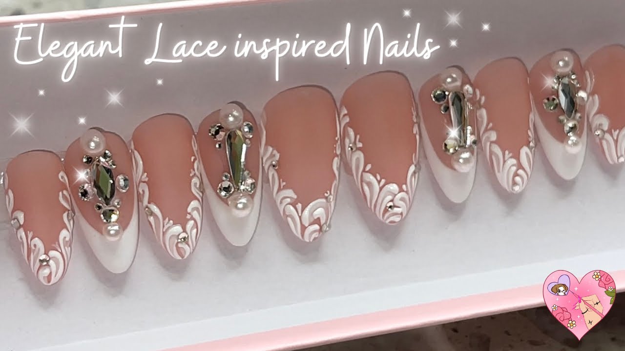 ATTEMPTING lace nails for the first time 🤍✨ | Press on nails tutorial | Glam Bridal nails