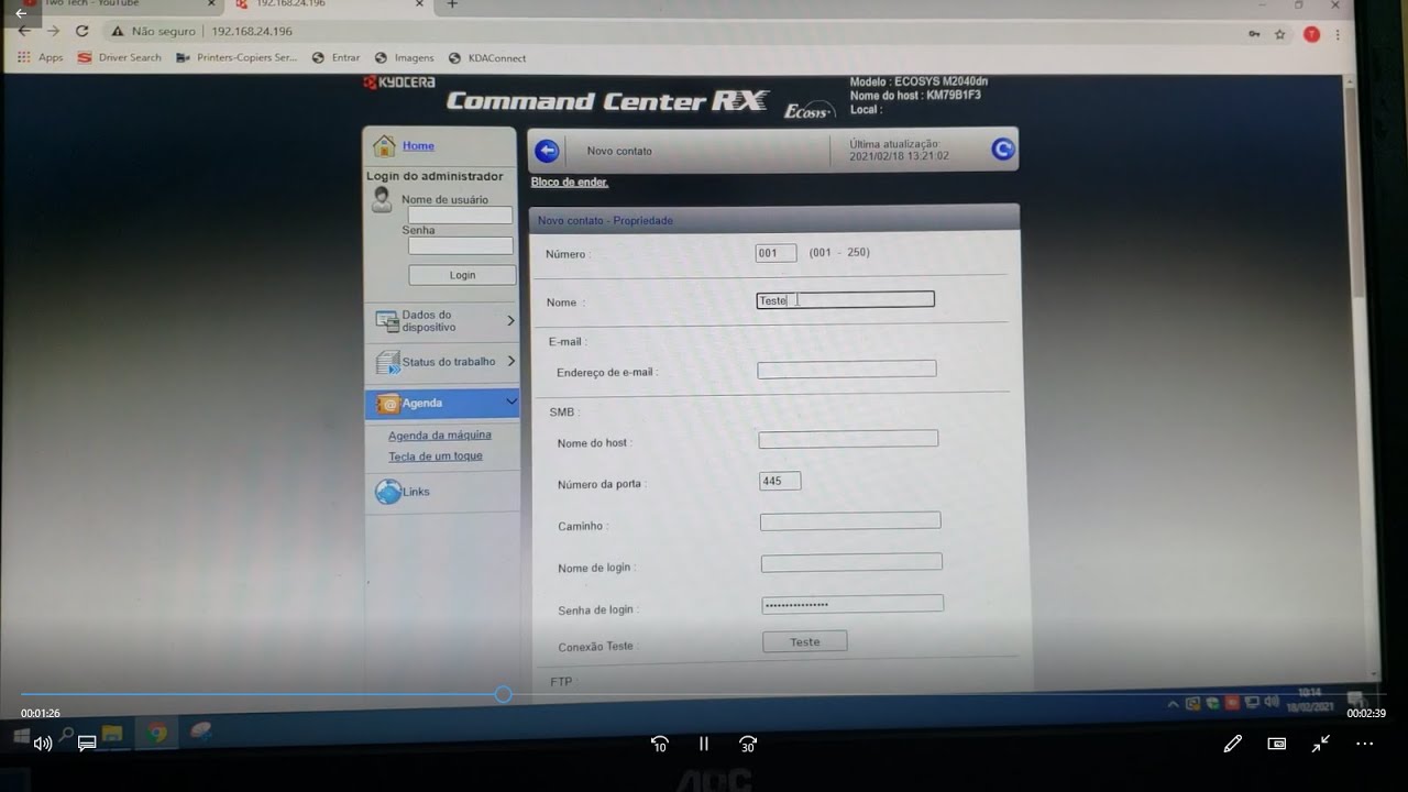Configuração do scanner via pasta de rede na Kyocera