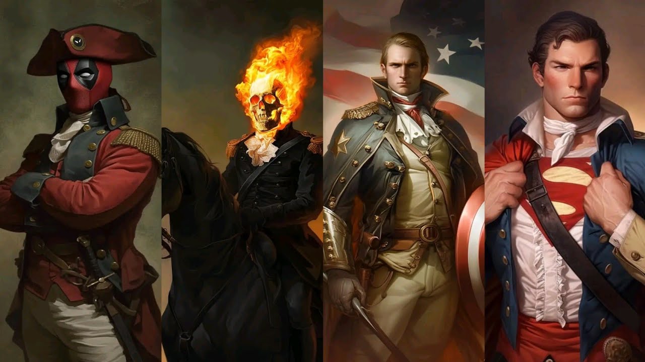Marvel and DC colonists in the style of the American Revolutionary War made with Midjourney Niji
