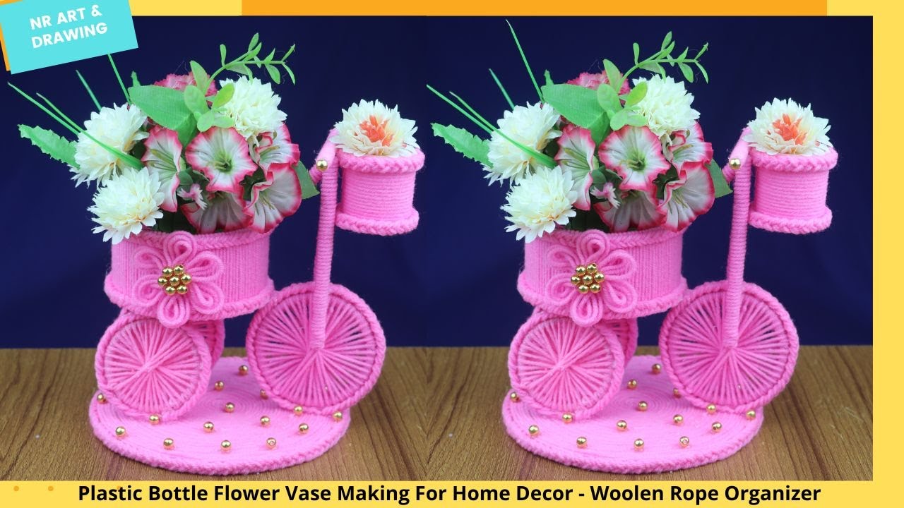 Plastic Bottle Flower Vase Making For Home Decor - Woolen Rope Organizer - Best out of waste