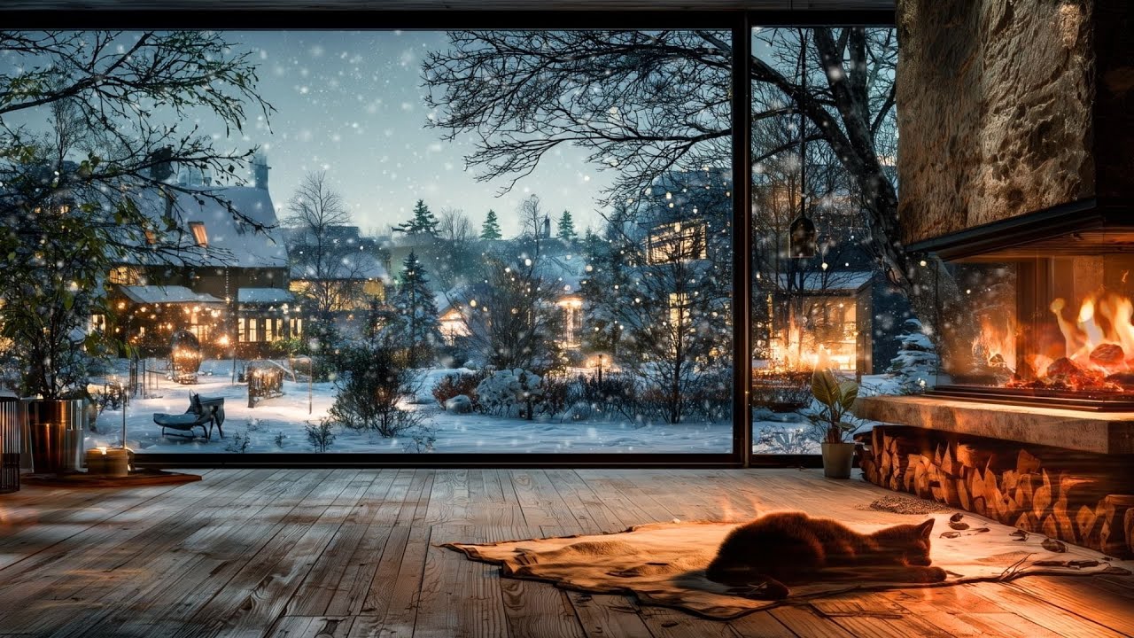 Fireplace Crackling Sounds for Sleep | 3 Hours ASMR, Snowy Night, Sleeping Cat