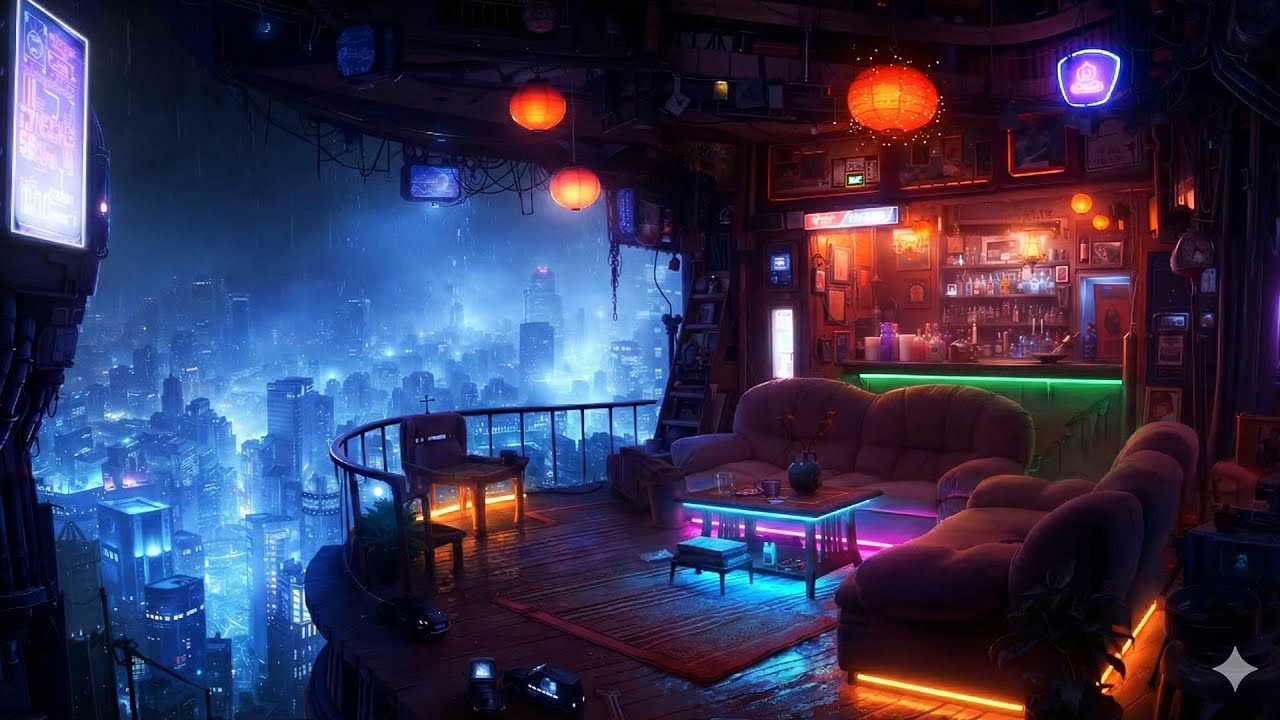 🎵 The Lantern Speakeasy: Private Cyberpunk Bar | Smooth Ambient Music & Rain | 4K | 10 hrs