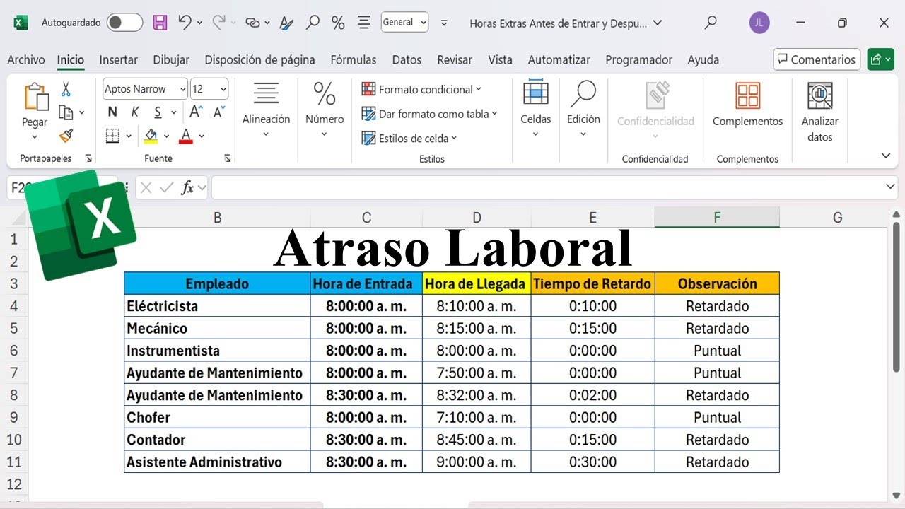 Cálculo de Atrasos o Retardos Laborales con Excel