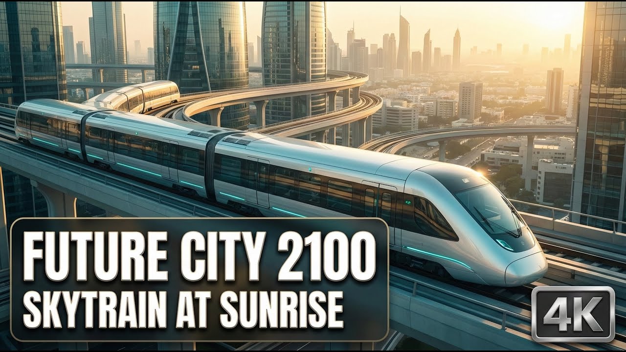 Skytrain at Sunrise (4K) &mdash; Future City 2100 | No Talking Ambience