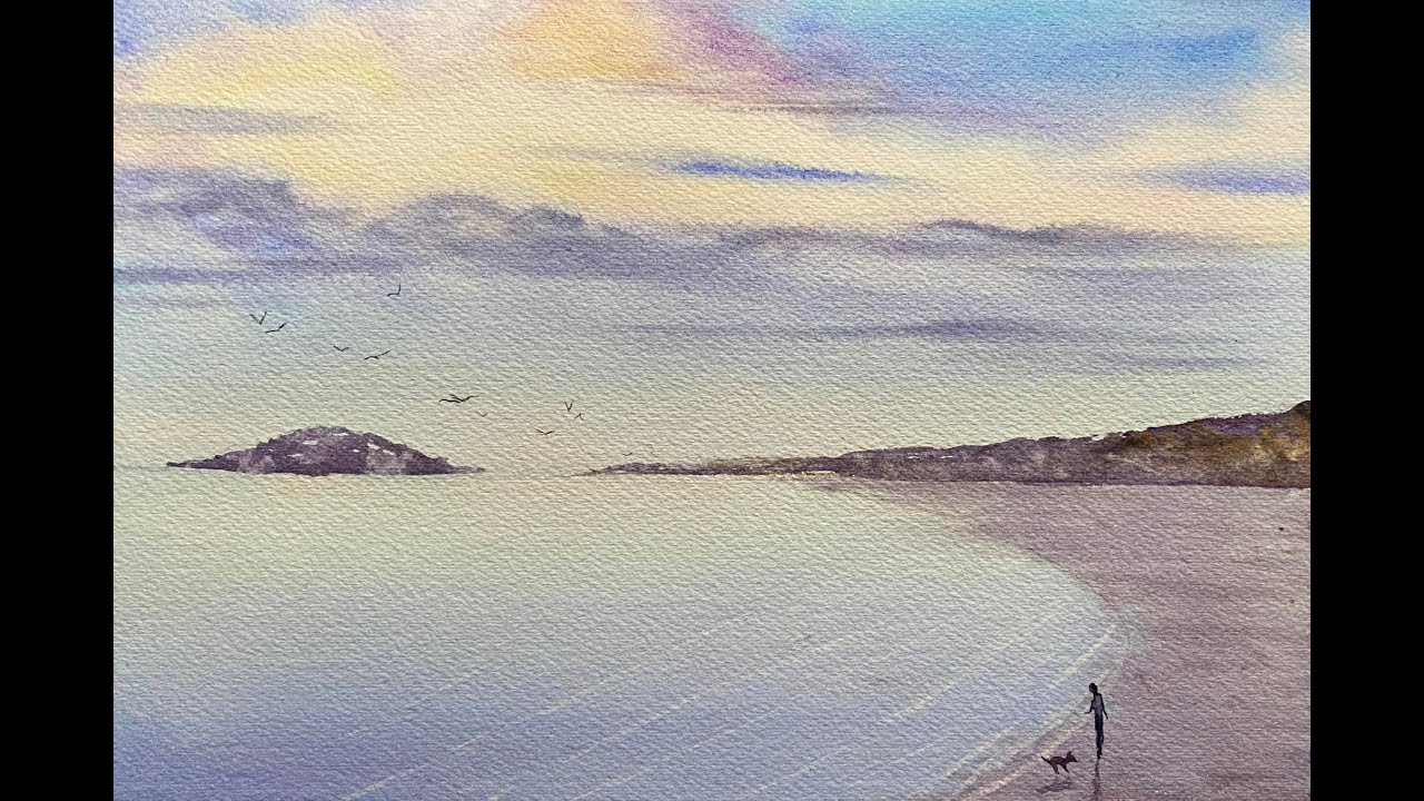 Paint Morgaine's Simple Watercolor Sunset Beach, Dog Walk, Watercolour Landscape Painting tutorial