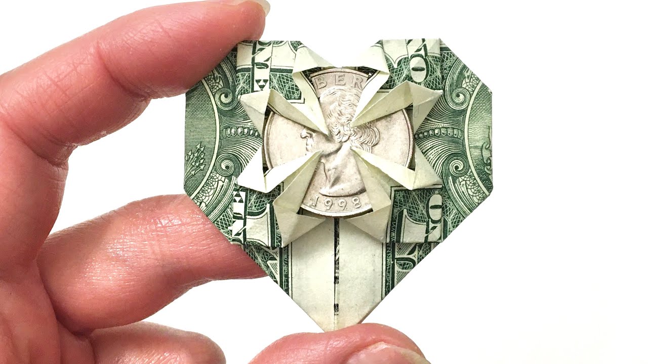 Dollar Heart with Quarter - How to make a heart out of a dollar bill - Paper Heart Money Origami DIY