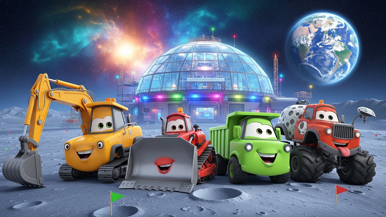 Monster Truck & Construction Vehicles Build a Moon Base 🌕 Adventure Vehicles| Trucks for Kids