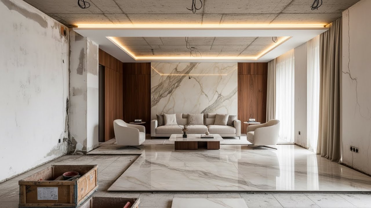 From Empty to Ultra Luxury Marble Living Room | Modern Interior Renovation😍