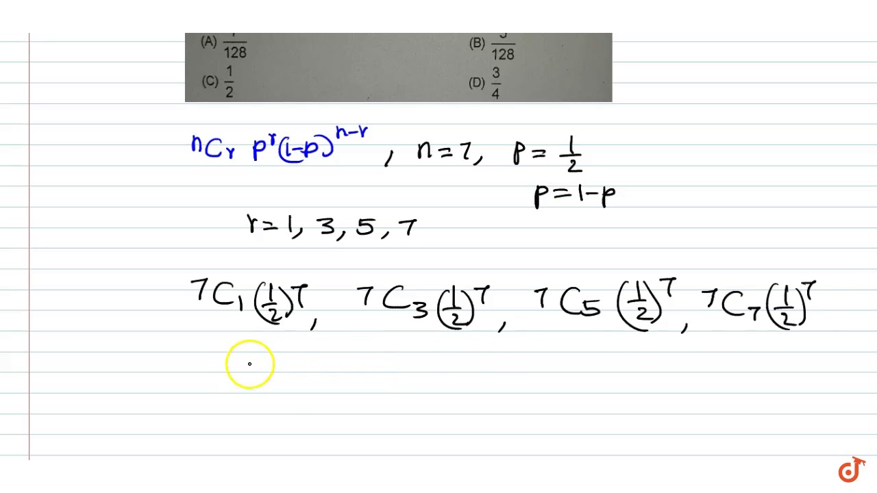 A coin is tossed 7 times. The probability of getting odd number of heads is