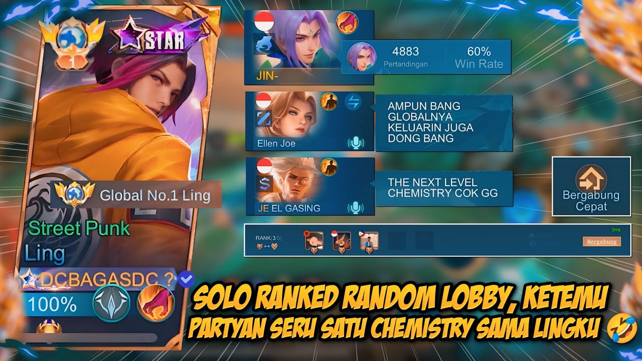 SOLO RANKED RANDOM LOBBY KETEMU PARTYAN TONGKRONGAN SERUU SATU CHEMISTRY SAMA LINGKU - MLBB