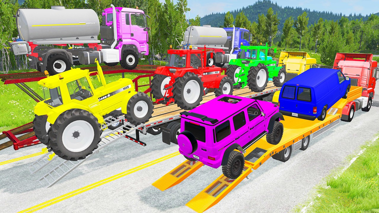 Triple Flatbed Trailer McQueen Transportation with Truck - Speedbumps vs Cars vs Train - BeamNG #6