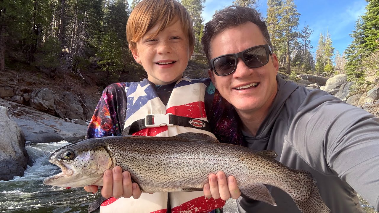 GIANT TROUT FISHING AT SHAVER LAKE! SON CATCHES HIS PB AND STARTS CAMPFIRE.