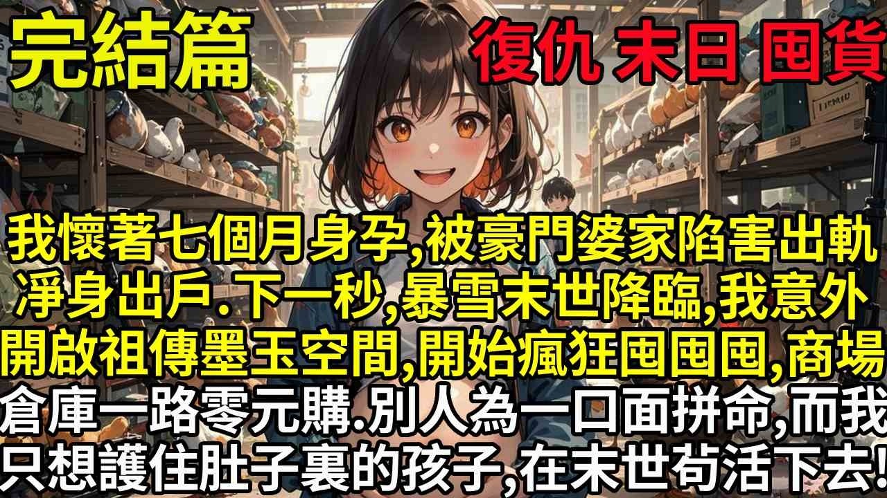 【完】我懷著七個月身孕，被豪門婆家陷害出軌，凈身出戶。下一秒，暴雪末世降臨，我意外開啟祖傳墨玉空間，開始瘋狂囤囤囤，商場倉庫一路零元購。別人為一口面拼命，而我只想護住肚子裏的孩子，在末世茍活下去！