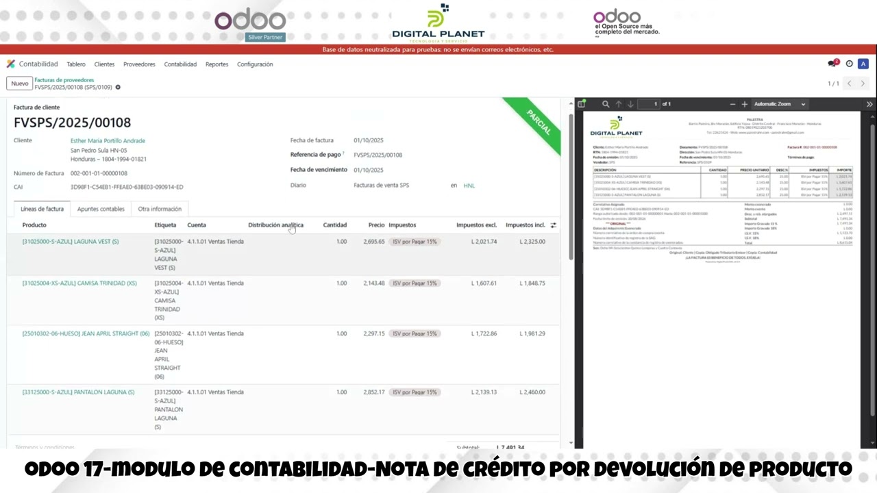 Odoo 17: Modulo de contabilidad Crear una nota de crédito por devolución de producto