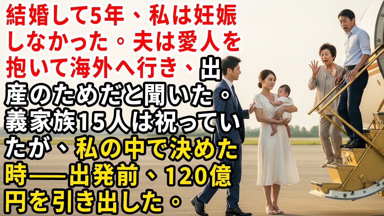 結婚して5年、私は妊娠しなかった。夫は愛人を抱いて海外へ行き、出産のためだと聞いた。義家族15人は祝っていたが、私の中で決めた時——出発前、120億円を引き出した。