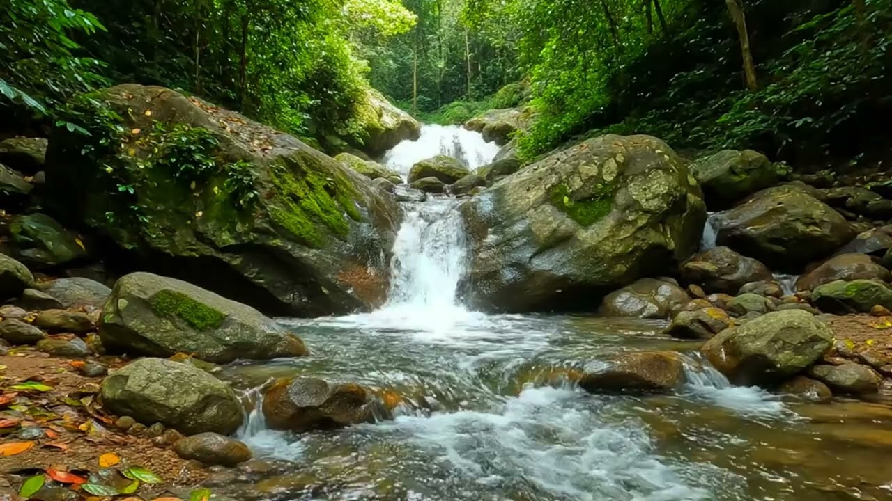 Air sungai mengalir perlahan, menghasilkan suara gemericik lembut yang menenangkan pikiran